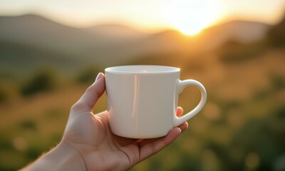 A hand holds a blank white coffee mug outdoors against a scenic mountain landscape during a warm, golden sunrise. This is a peaceful mockup concept for travel, adventure, or beverage bran