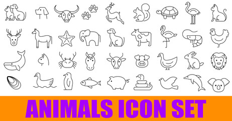 Minimal linear animal icon set with diverse wild and domestic animals, outline style for design and branding use