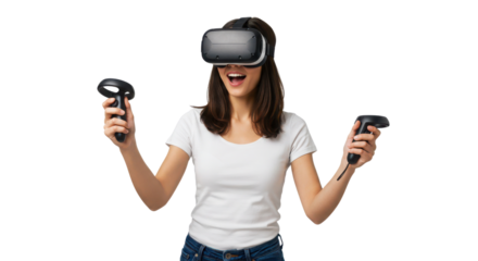 Excited young woman playing with virtual reality headset and controllers