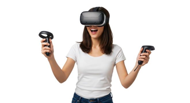 Happy Woman Experiencing Virtual Reality Holding Gaming Controllers isolated on Transparent Background