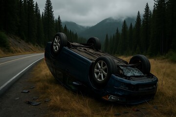 blue sedan car flipped over on side of road, accident scene in nature