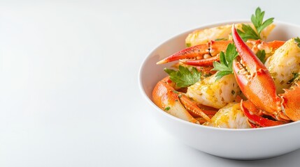 Steamed crab legs and claw meat dressed with herb butter sauce are beautifully presented in a white bowl on a clean white background for culinary delight.