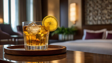 A welcome drink served in an elegant glass, placed on a wooden tray or table inside a hotel setting.The background features a softly blurred hotel lobby, lounge,or neatly made bed to suggest comfort 
