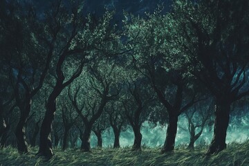 Windy night with a mass of trees swaying under turbulent skies, Mass Of Trees On Windy Night