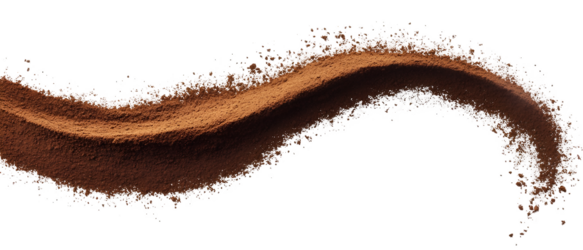 A flowing river of cocoa powder against a stark black backdrop creates a dramatic and textured culinary ingredient design element, transparent background