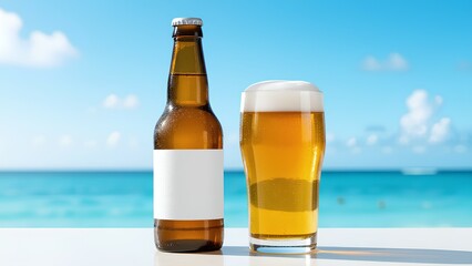 A beer bottle with a blank white label and a full glass of cold lager sit on a table at a tropical beach. An ideal product mockup for beverage branding against a beautiful summer sea back