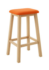 Simple wooden stool with a bright orange seat and four sturdy legs isolated on white or transparent background. PNG format.
