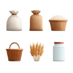 Collection of sacks, baskets, wheat, and jar;  grain and flour concepts.