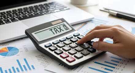 Hand calculating taxes on a calculator, amidst financial documents and a laptop.