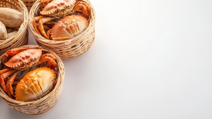 Three baskets with cooked crabs and sweet potatoes are displayed on a white surface, creating a simple and appealing food presentation with copy space available.