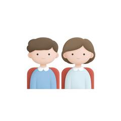 Cute cartoon illustration of a smiling boy and girl sitting together on red chairs with pastel colors.