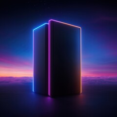 Futuristic neon-lit box against vibrant dusk sky, symbolizing advanced technology and innovation.
