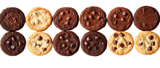 Obraz premium Delicious assortment of chocolate chip cookies displayed on a transparent background, perfect for dessert lovers and baking enthusiasts.
