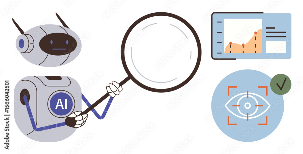 Poster ai robot holding magnifier inspecting data on growth chart and target visualization. ideal for techn