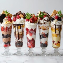assorted layered dessert parfaits in glasses