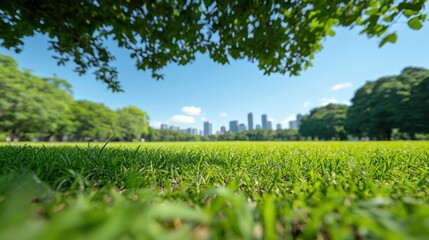 Obraz premium A serene cityscape from a lush park, with towering buildings visible under a clear blue sky.