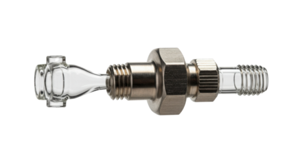 Metal industrial fitting with glass connector isolated on white background