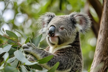 Obraz premium Koala bear happily enjoying fresh gumtree leaves in the Australian wilderness, Koala bear feeding on gum-tree leaves in australian wilderness