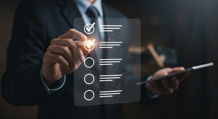 businessperson holding a pen or stylus, interacting with a series of digital interfaces displaying checklists