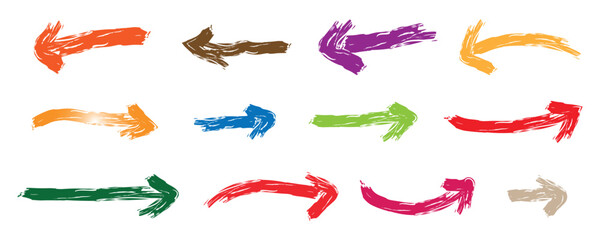  Arrow icon set. Collection of hand drawn doodle thick arrows in different directions. vector collection, beautiful and stylish. Bold arrows, graphic set of isolated elements from brush strokes