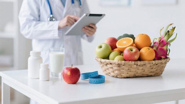 Nutritionist working at a hospital desk, holding an apple and mixed fruit, offering care, health advice, weight loss guidance, and eating tips online for patients seeking nutrition support