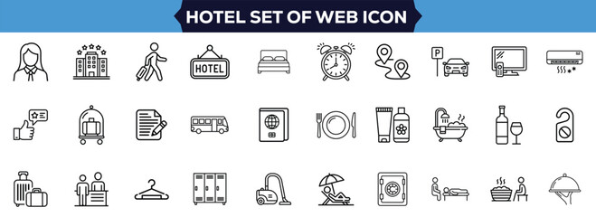 Hotel and Resort Icons Set Hospitality Services, Vacation, Travel, Relaxation, and Accommodation Symbols for Web and Mobile Apps, Editable Stroke Vector Illustration Design