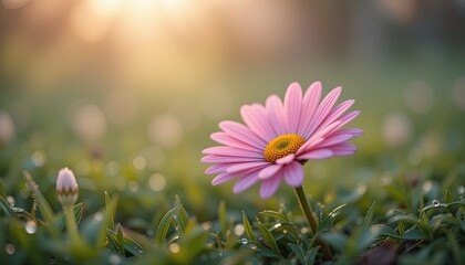 A close-up of a pink daisy bloom in a beautiful, elegant, and artistic setting on a summer morning with dew on the grass.