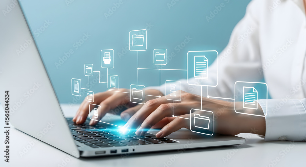 Poster a person using a laptop, interacting with digital file icons and data streams.