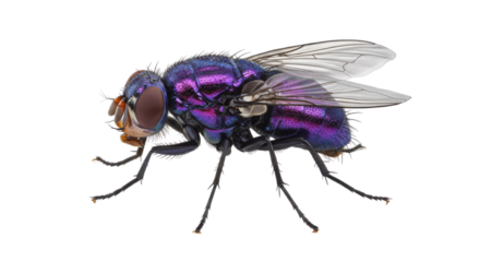 Close up purple blue housefly isolated on white background