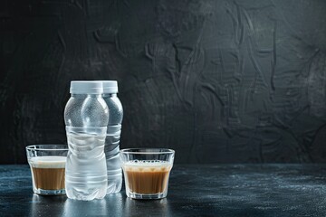 Flawless Visual of Water Bottles and Milk Coffee Glass on Dark Background