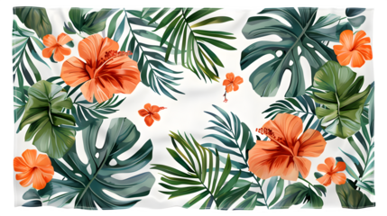 Tropical Hibiscus and Palm Leaf Pattern, isolated on transparent background