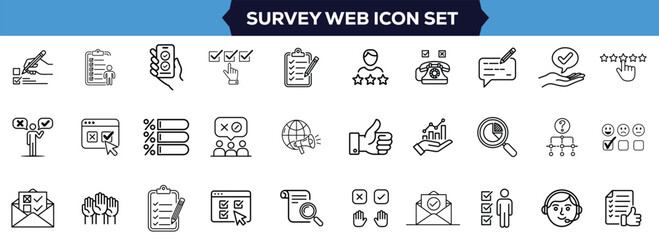 Online Survey Icons Collection Including Feedback Forms, Opinion Polls, Satisfaction Surveys, Research Tasks, Ratings, and Review Symbols for Web and Mobile Apps Vector Illustration Design