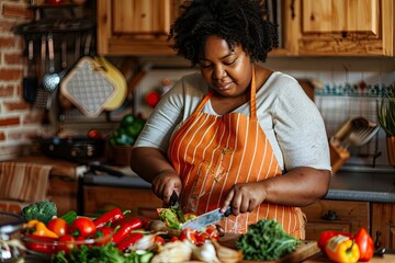 Plus Size Woman Chopping Vegetables in the Kitchen for a Healthy Lifestyle