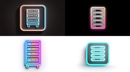Server racks illuminated with neon outlines against four background variations
