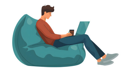 Man working on laptop in beanbag chair, isolated on transparent background