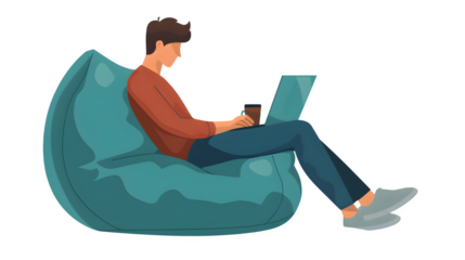 Man working on laptop in beanbag chair, isolated on transparent background