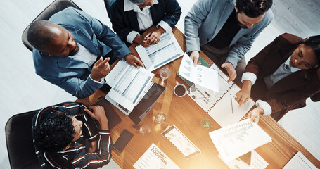 Documents, conversation and business people in office in collaboration for finance proposal from...