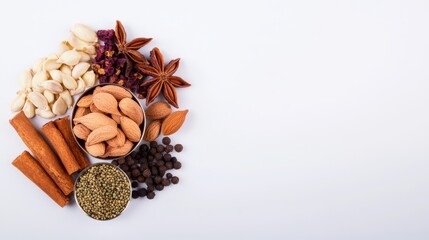 An overhead view showcases an arrangement of cinnamon sticks, almonds, spices, and other assorted seasonings against a clean, minimalist white backdrop.