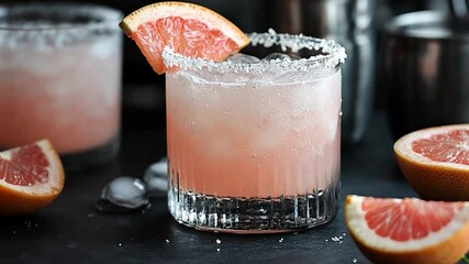 Close up of a pink grapefruit cocktail in a clear glass with ice and a sugared rim, garnished with a grapefruit slice. Another cocktail and halved grapefruit are in the blurred background on a dark - Powered by Adobe