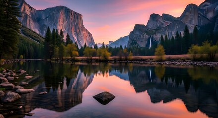 Sunset Reflection at Valley View, Yosemite National Park, Mirror reflection of El Capitan and Bridalveil Fall on Merced River at sunset, pink sky, perfect symmetry, glassy water, wide-angle