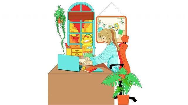 girl studying in a room while sometimes dozing off live wallpaper suitable for pc desktop in 4K high definition