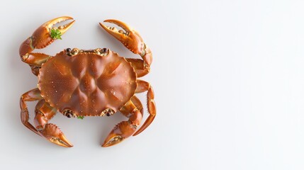 A whole cooked crab with parsley garnish is displayed centered on a bright white background leaving empty space for copy or graphics alongside the image.