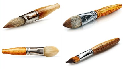 Four artist paintbrushes with wooden handles, metal ferrules, and natural bristles