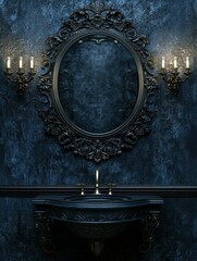 high quality image of Top close up view on dark bathroom interior with mirror high detail