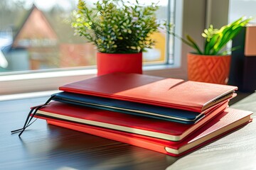 Vibrant Color Visual of High Angle Desk Arrangement with Notebooks