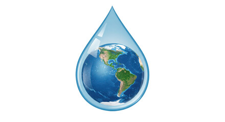 Earth globe inside blue water droplet isolated on white background