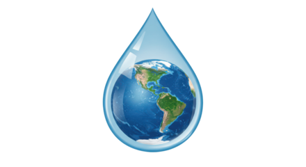 Glossy Blue Water Droplet with Earth Globe Inside, Global Ecology and Conservation Concept Graphic isolated on Transparent Background