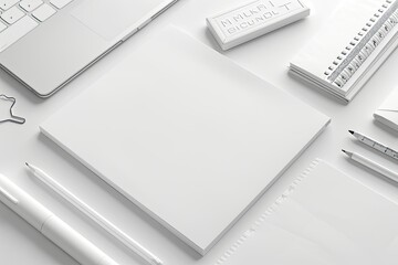 Minimalist White Office Supplies on Desk with Blank Paper Pen Notebook and Ruler