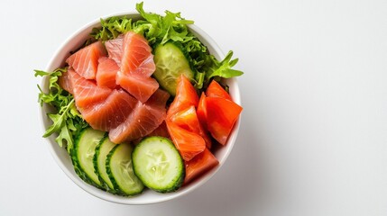 A fresh and vibrant poke bowl with succulent salmon, crisp cucumber, ripe tomatoes, and leafy greens rests in a white bowl on a clean white surface.