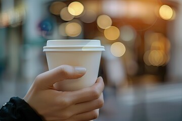High Detail Visual of Takeaway Coffee Cup in Female Hand on Blurred Cafe Background Close Up